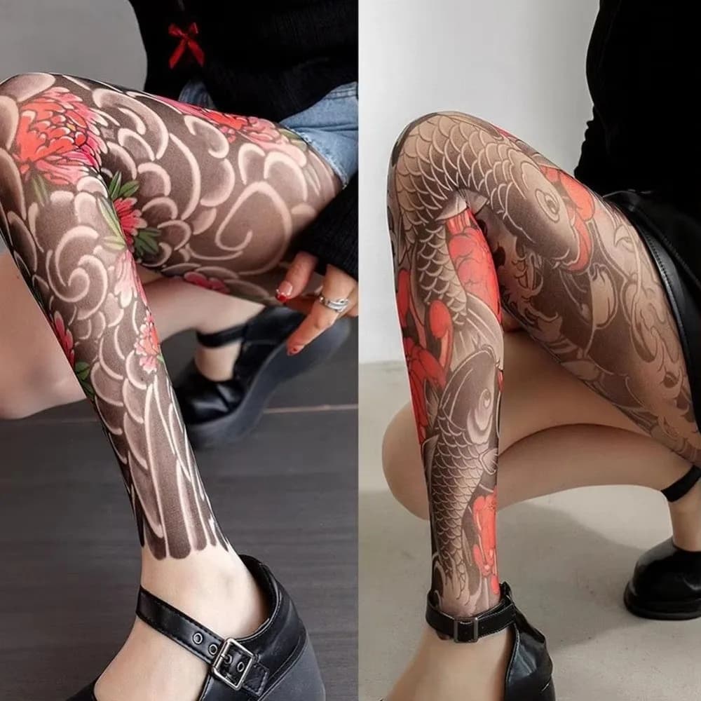 Nuovo tatuaggio finto Collant stampati sexy da donna Prospettiva Maglia Peonia Collant Leggings Collant alto Estate