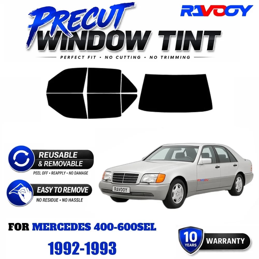 RAVOOY Precut Window Tint, Reusable Removable EPU Film, Custom Fit for Mercedes 400-600SEL 1992-1993, UV Heat Protection