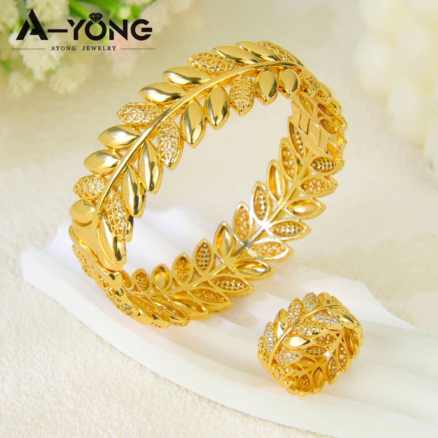 Luxury Algeria Bridal Wedding Jewelry Set 21k Gold Plated Arabic Fashion Zirconia Leaf Bangles Rings Oman Women Marry Jewelrys