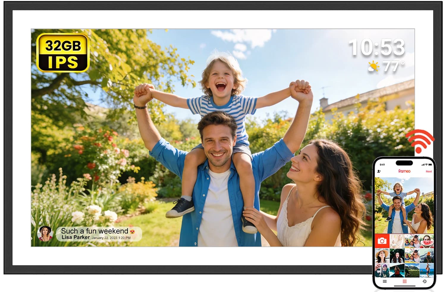 FRAMEO 15.6 Digital Frame with 32GB Memory, WiFi Digital Photo Frame, Touch IPS HD Screen, Photo Frame with Automatic Rotation