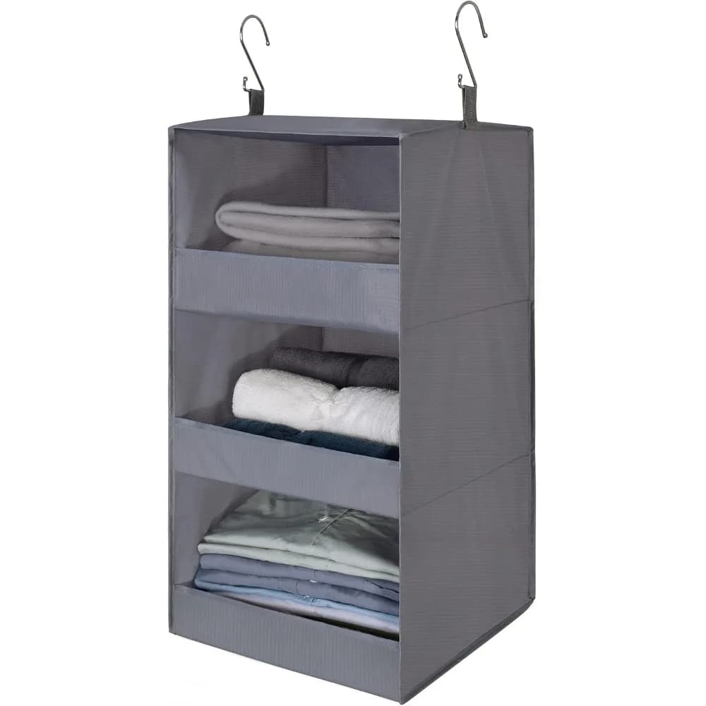 Collapsible Hanging Closet Organizer with 3 Shelves Storage Unit Expandable Hanging Shelves for Bedroom Closet Wardrobe RV Travel Garment Rack Perfect for Storing Clothes Shoes Sweaters Handbags and Accessories Foldable