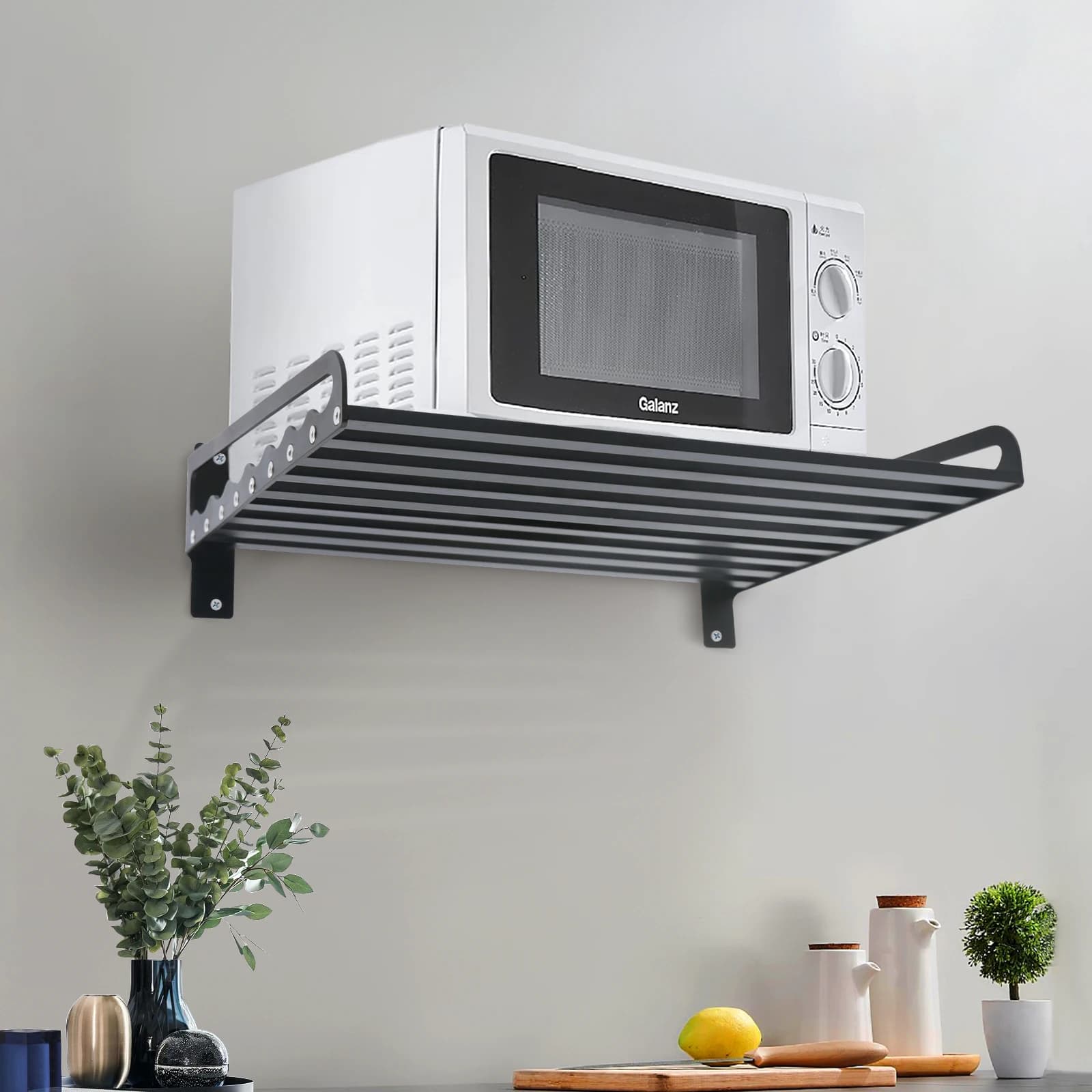 50cm Black Space Aluminum Kitchen Organizer, Wall Mounted Microwave Oven Shelf Bracket Holder, Rust Resistant Under Cabinet Storage Rack