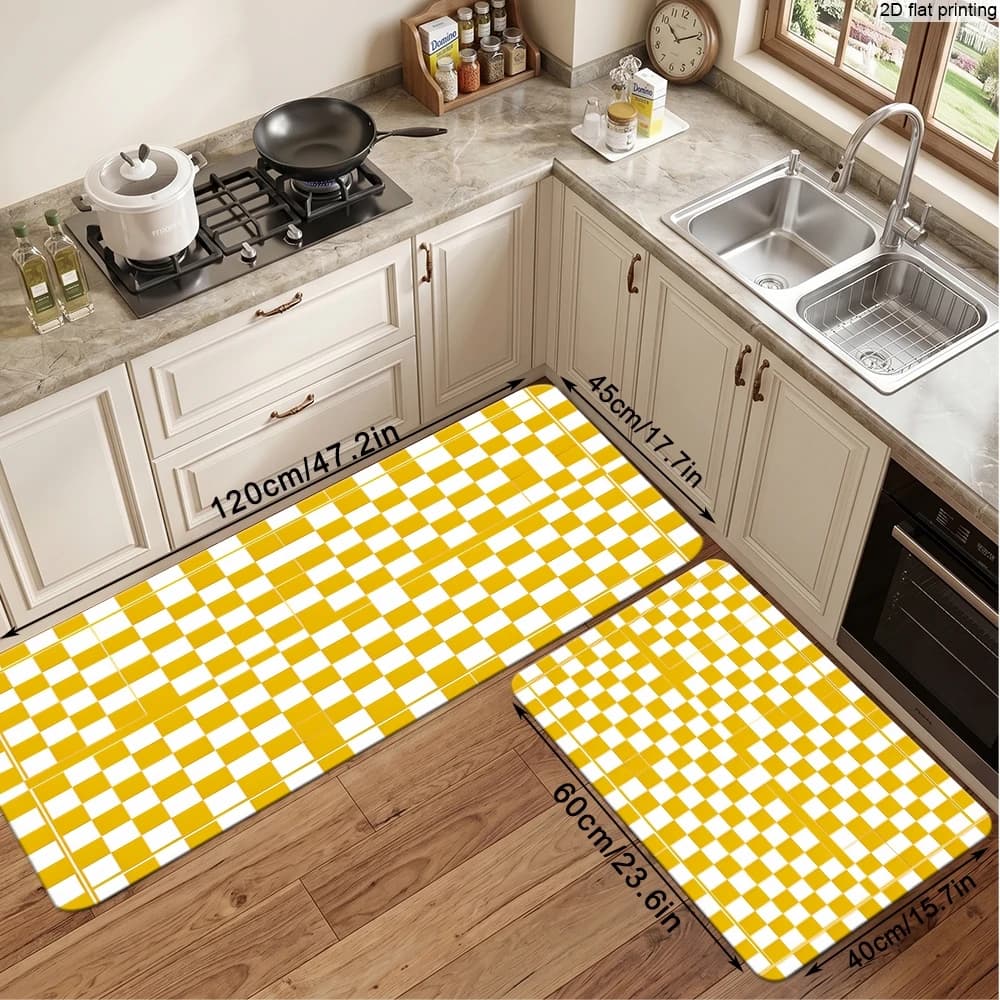 Yellow and White Checkered Kitchen Floor Mats, Available in Various Sizes, Non-Slip Mats Suitable for Kitchen, Living Room, Bedroom, Bathroom, Entrance Door Mats, Washable Long Strip Mats, Simple Checkered Decorative Mats, Non-Slip and Wear-Resistant Entryway Mats, Absorbent Non-Slip Foot Mats for Home Decoration