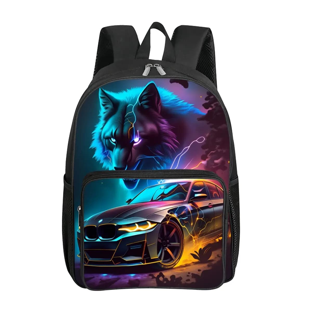 Wolf and Racing Punk Print Square Front Pocket Backpack Large Capacity for Boy/Girls Best Gift 2D Cartoon Children's School Bag