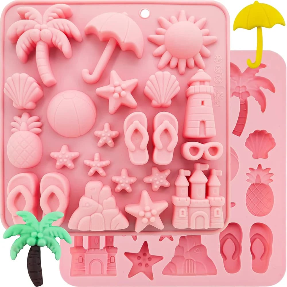 Stampi in silicone a tema spiaggia estiva Stampo per cioccolato con stella marina e albero di cocco per stampo da forno per cubetti di ghiaccio di gelatina per feste estive