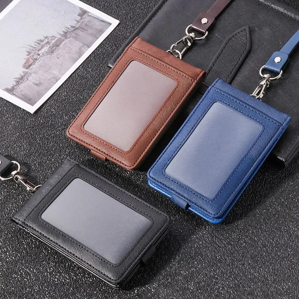 Porta carte da lavoro porta badge multifunzionale in pelle PU con carta di credito bancaria con cordino