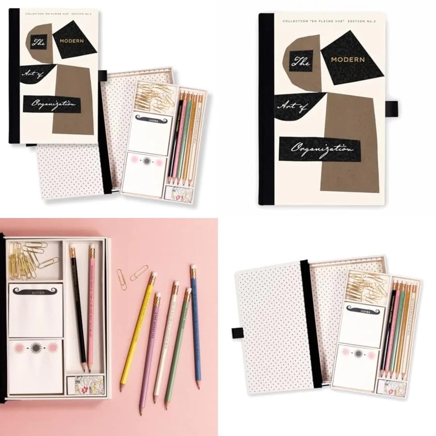 Scatola portaoggetti con articoli da scrivania, set di cancelleria con 5 matite, gomma da cancellare, 2 blocchetti di foglietti adesivi e fermagli per carta, Moderne