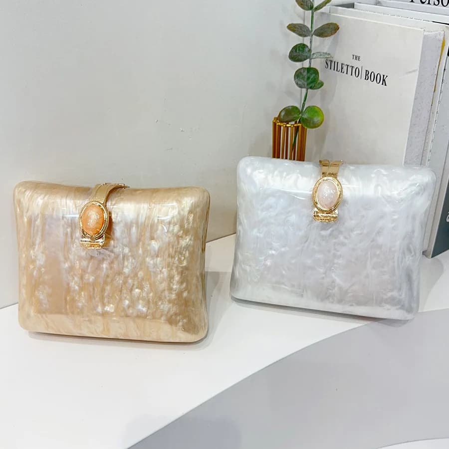 Square Shape Clutch Bag Acrylic Purse Women Wedding Party Evening Party Cute Ivory Pearl Color Banquet Handbag Summer New 2025