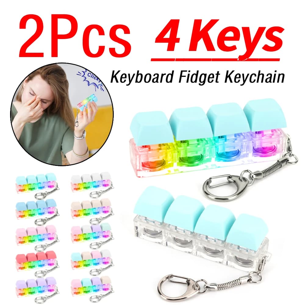 2 Pezzi Portachiavi Fidget a Forma di Tastiera, Tester di Decompressione con 4 Tasti Meccanici e Luce LED, Clicker per Tastiera, Regali Fai-da-te con Pulsanti