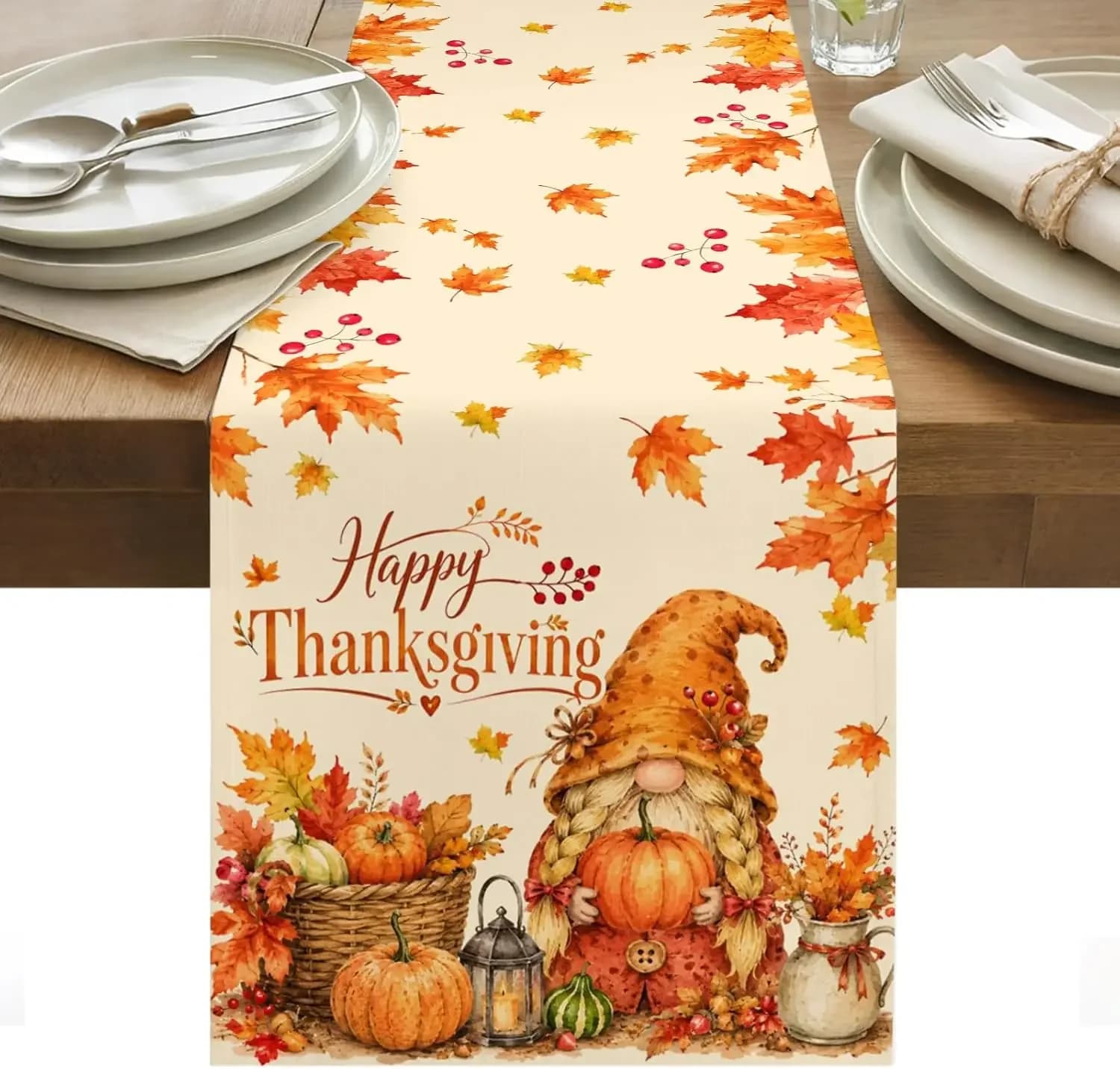 1Pc Autumn Gnome Happy Thanksgiving Table Runner Beige Maple Leaf Pumpkin Print Table Cover For Dining Room Kitchen Decoration T