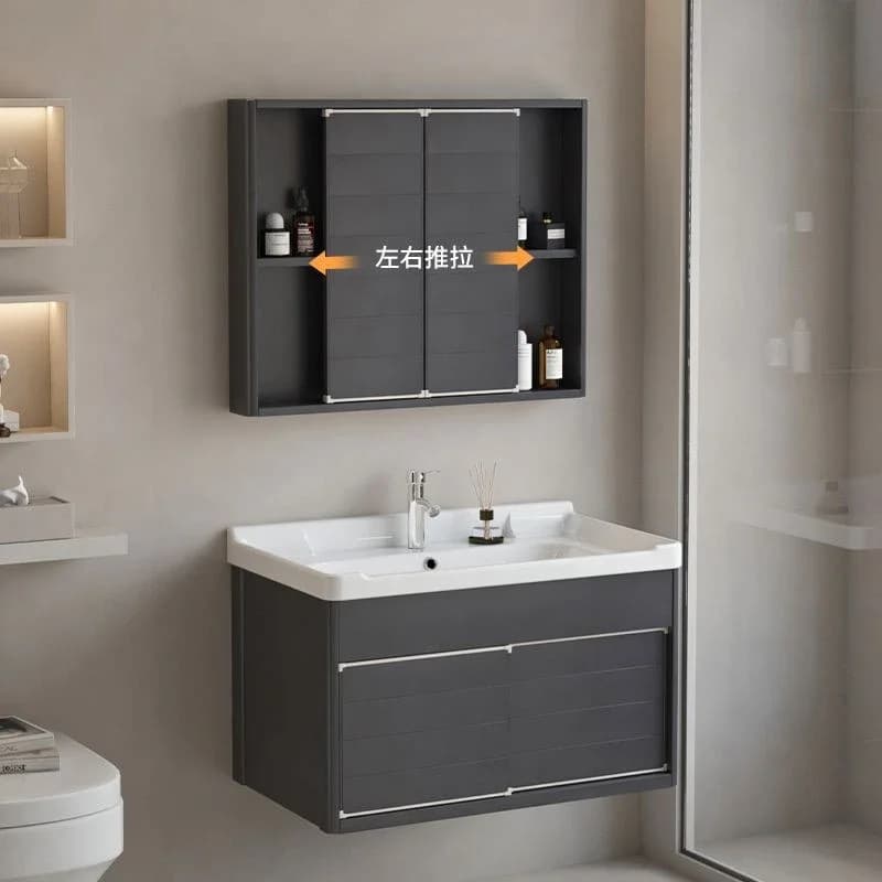 Mobili da bagno in alluminio Armadietto con specchio scorrevole Lavabo in ceramica integrato Mobiletto da bagno con lavabo Mobili da bagno