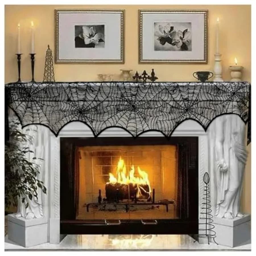 Halloween Decoration Black Lace Spiderweb Fireplace Mantle Scarf Cover Festive Party Supplies 45 X 243cm 18 x 96 inch