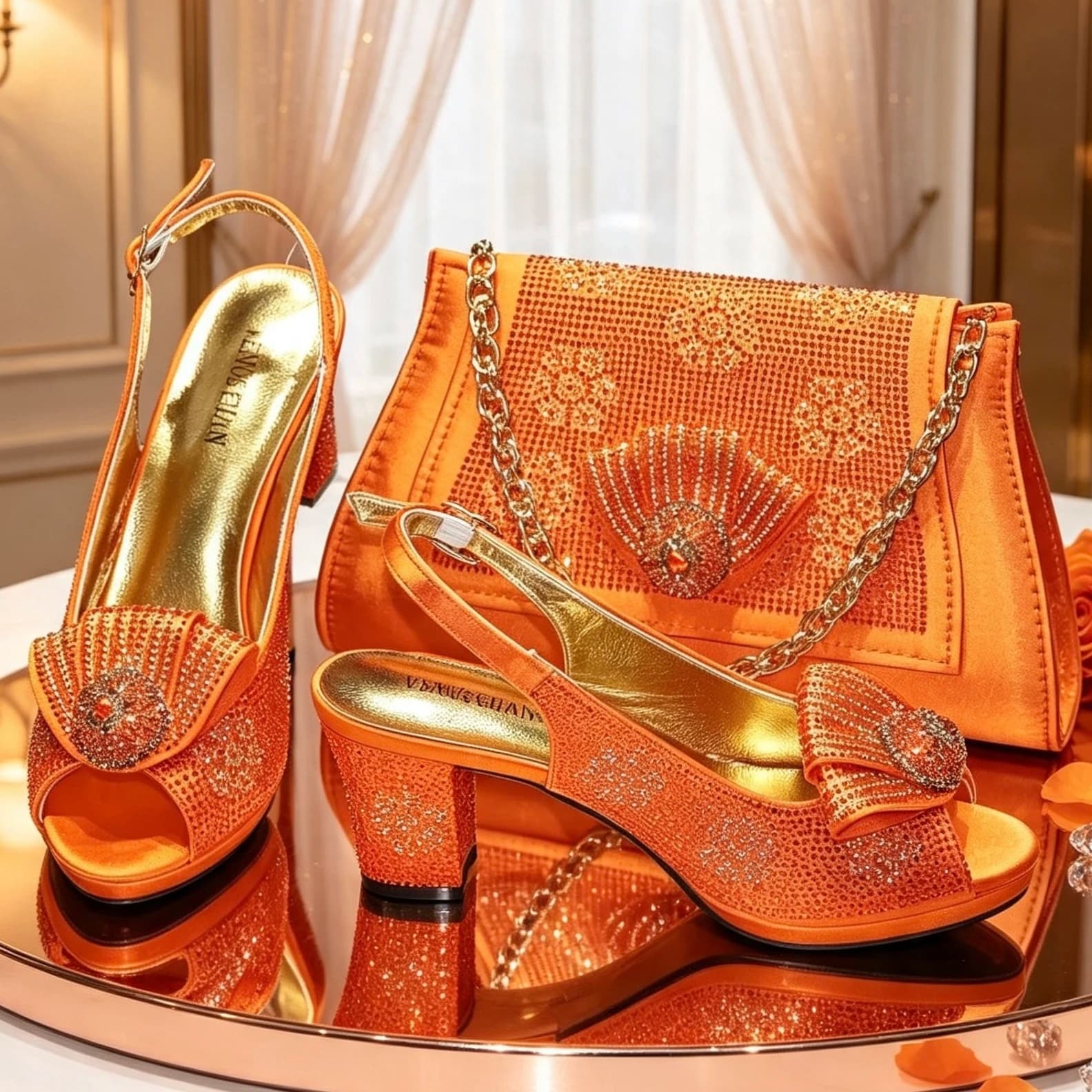 2026 New Nigerian Bigger Size Women Heel Party Shoes and Bag Set Orange Colour Rhinestone Handbag Italian Design Wedding