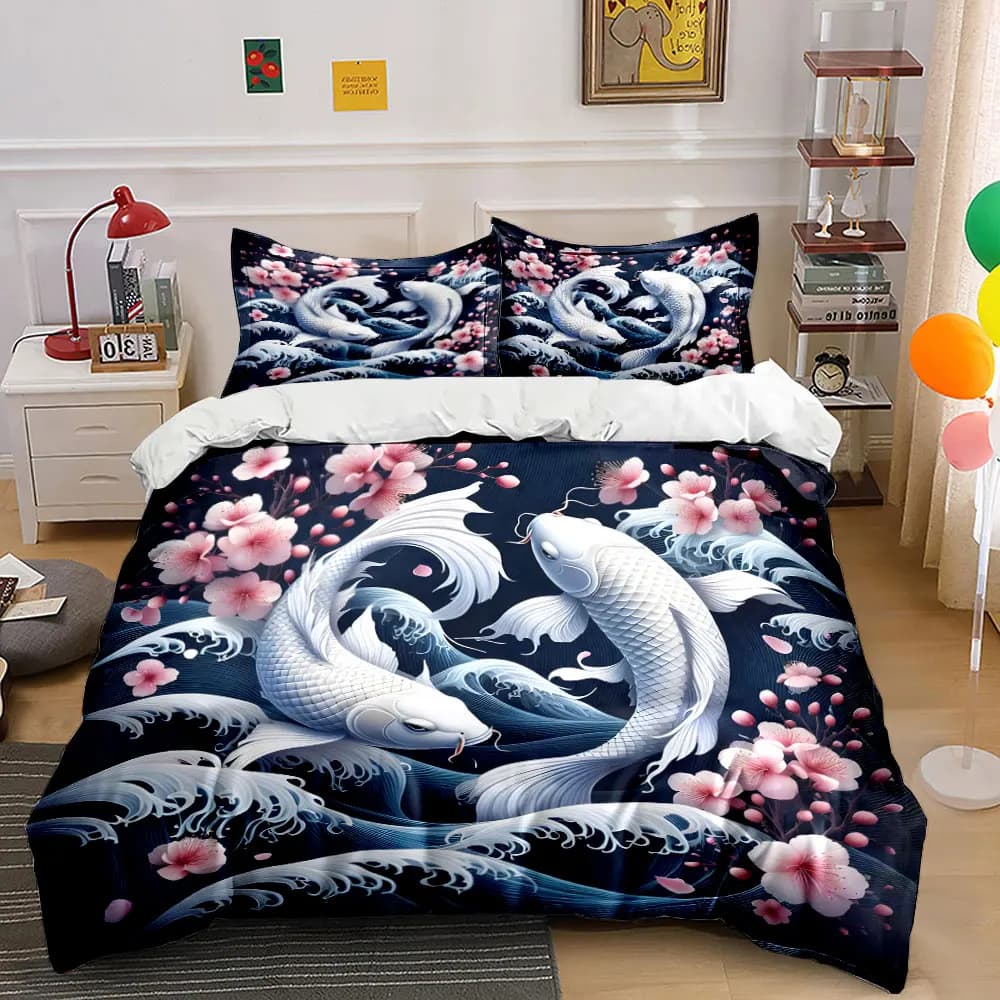 Koi Fish with Sakura and Waves Printed Duvet Cover Set1 Duvet Cover+2 PillowcaseMulti Size Bedroom Bedding Decoration
