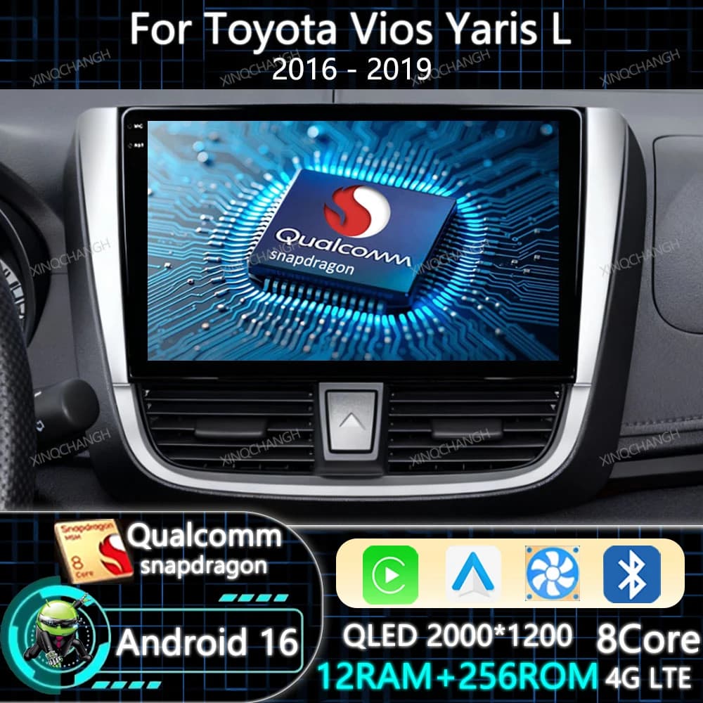 Android 15 Car Radio Carplay Auto For Toyota Vios Yaris L 2016 - 2019 Qualcomm QLED 2DIN 4G LTE 5G WIFI Head Unit BT Navigation