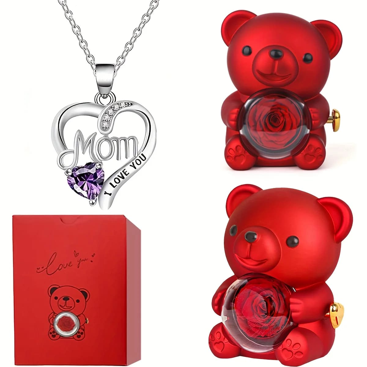 Confezione regalo con rosa eterna dell'orsacchiotto rosso con collana, perfetta per la festa della mamma, Natale, compleanni, anniversari e altro ancora