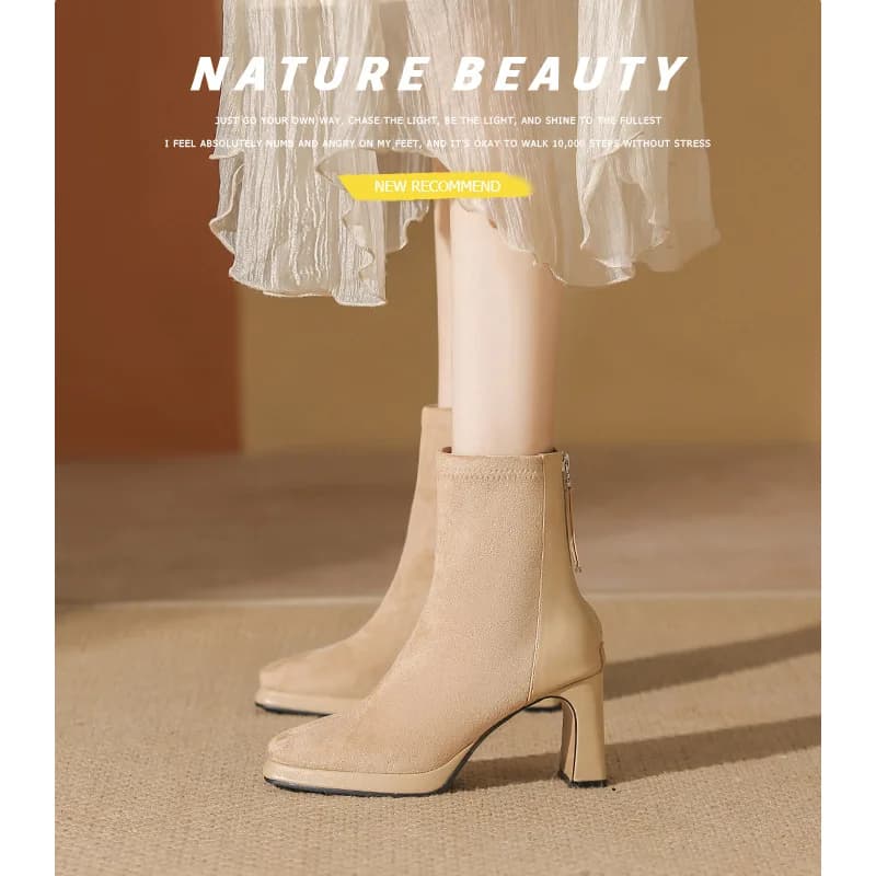 Waterproof Platform High Heels Autumn Winter 2024 New Velvet Short Boots Thickened Slim Boots Black Square Head Short Boots