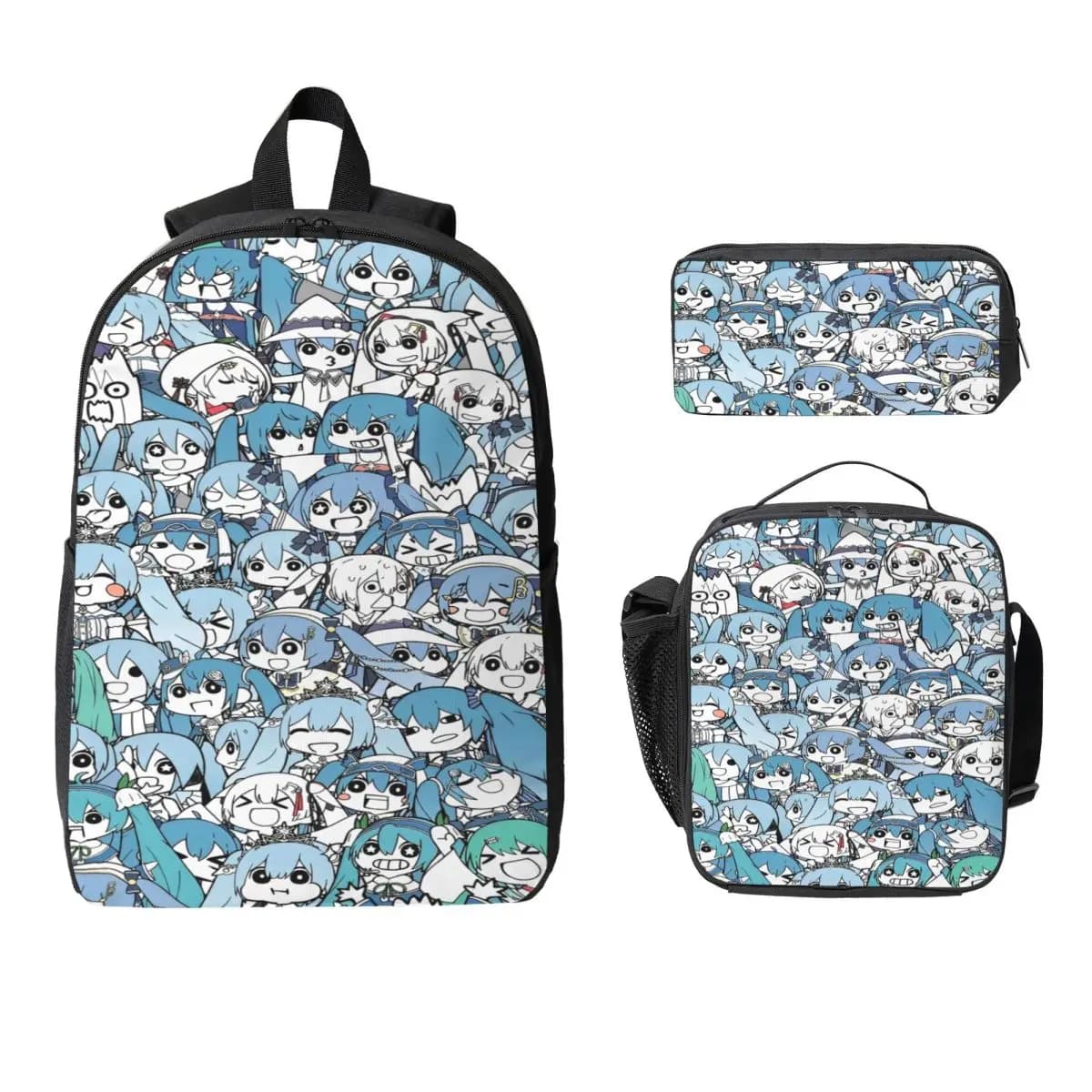 Set di zaini per accessori Hatsune Miku da 3 pezzi per bambini Scatole per matite Set di zaini con scatola per il pranzo Zaino per studenti delle scuole
