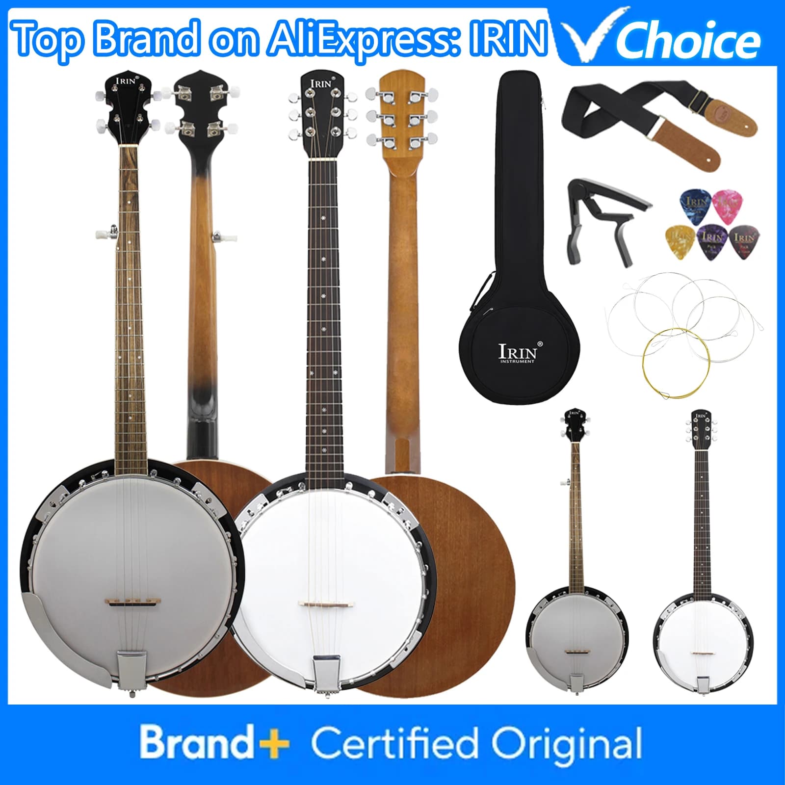 Banjo IRIN a 5/6 Corde, Chitarra Banjo con 22 Tasti in Legno di Sapele, Strumento a Corde con Borsa, Corde, Capo, Tracolla, Plettri e Accessori