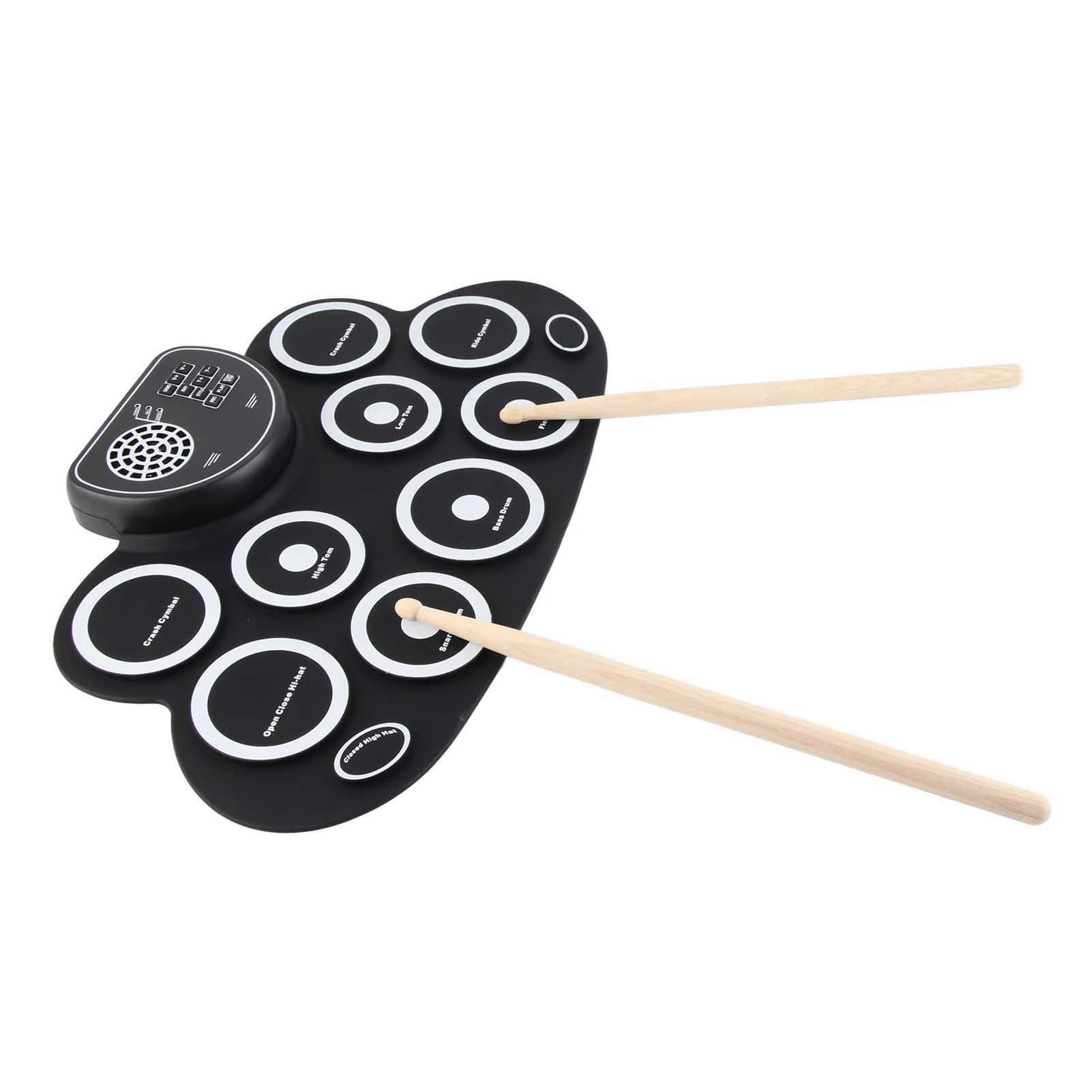 Set di batteria elettronica Set di batteria elettronica con doppio altoparlante ricaricabile tramite USB Tappetino per esercitazioni per batteria arrotolabile per bambini Bianco