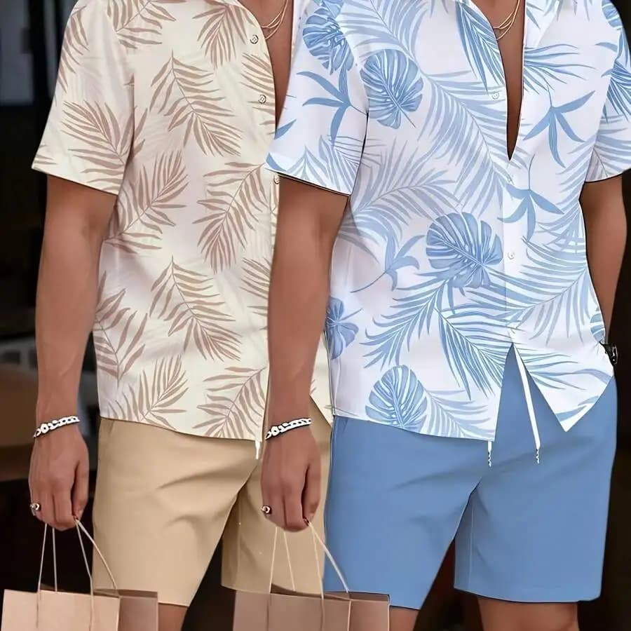 Set di camicia hawaiana casual da uomo e pantaloncini da spiaggia, outfit per le vacanze estive