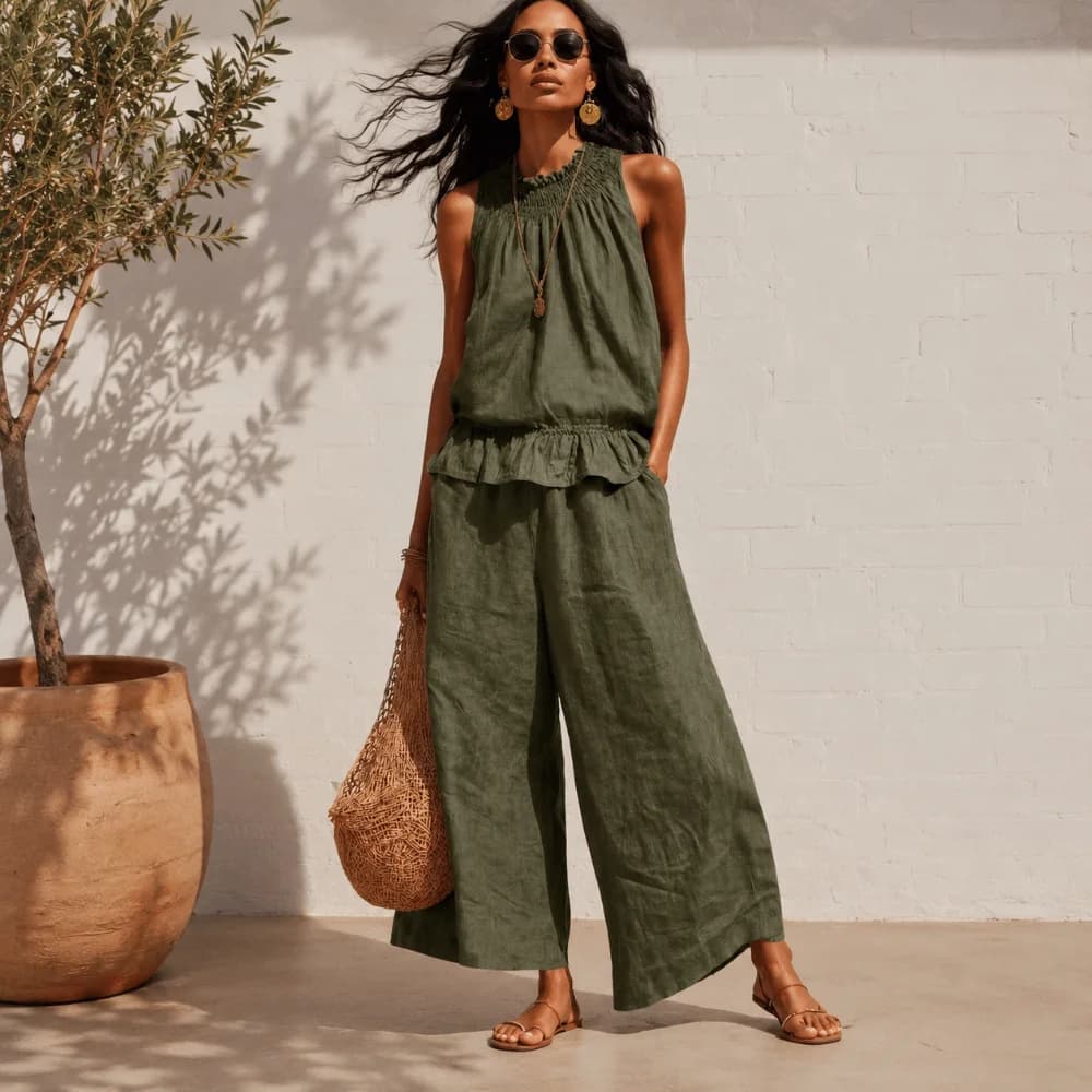 Faux Linen Ruffle Outfit Smocked Neckline Sleeveless Ladies' Suit Ruffle Hem Lightweight Woven Summer Pants Set Brunch Dates