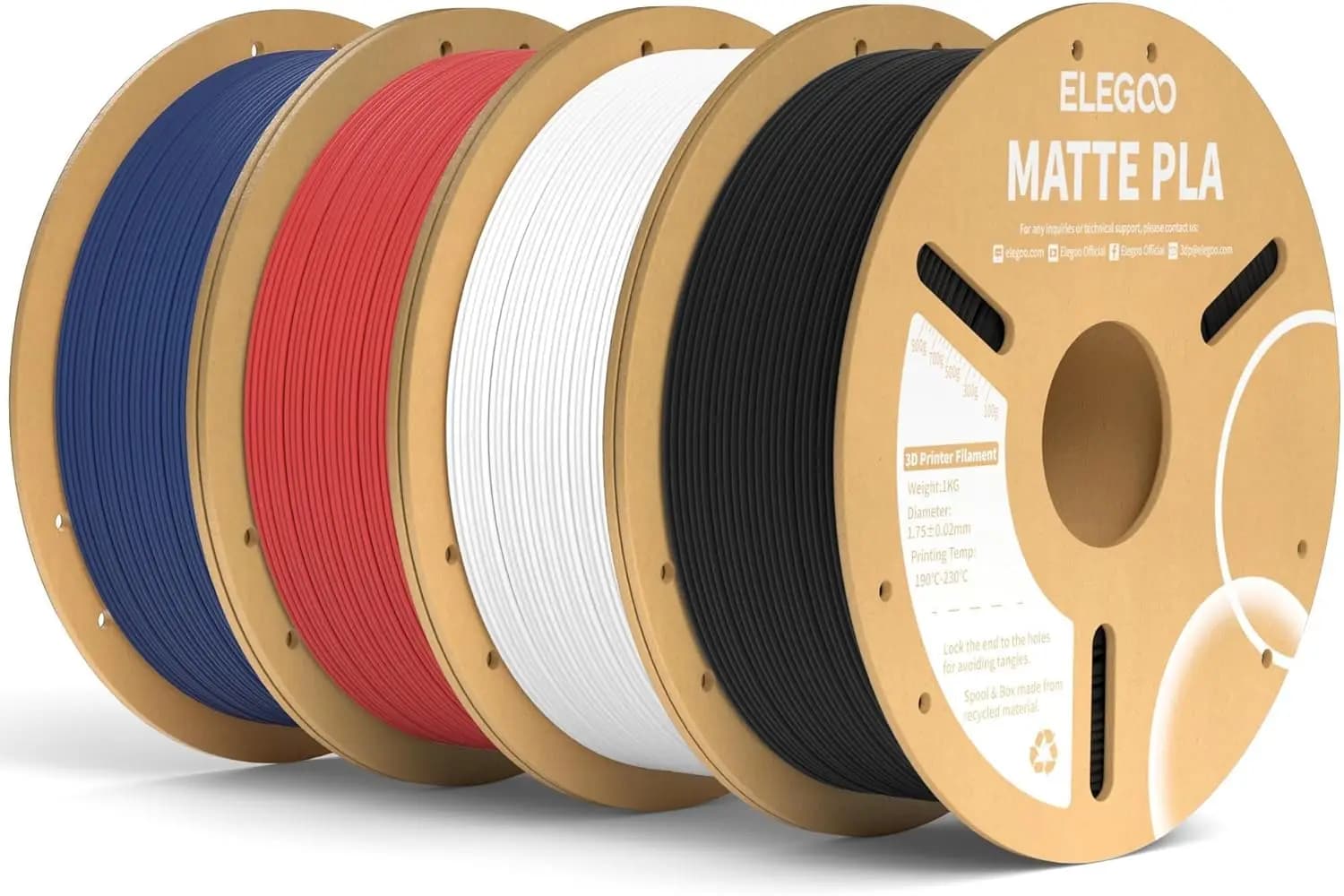 Filamento PLA Opaco 4KG, 1.75mm per Stampanti 3D FDM, Precisione Dimensionale +/-0.02mm, Nero Bianco Blu Navy Rosso Rubino