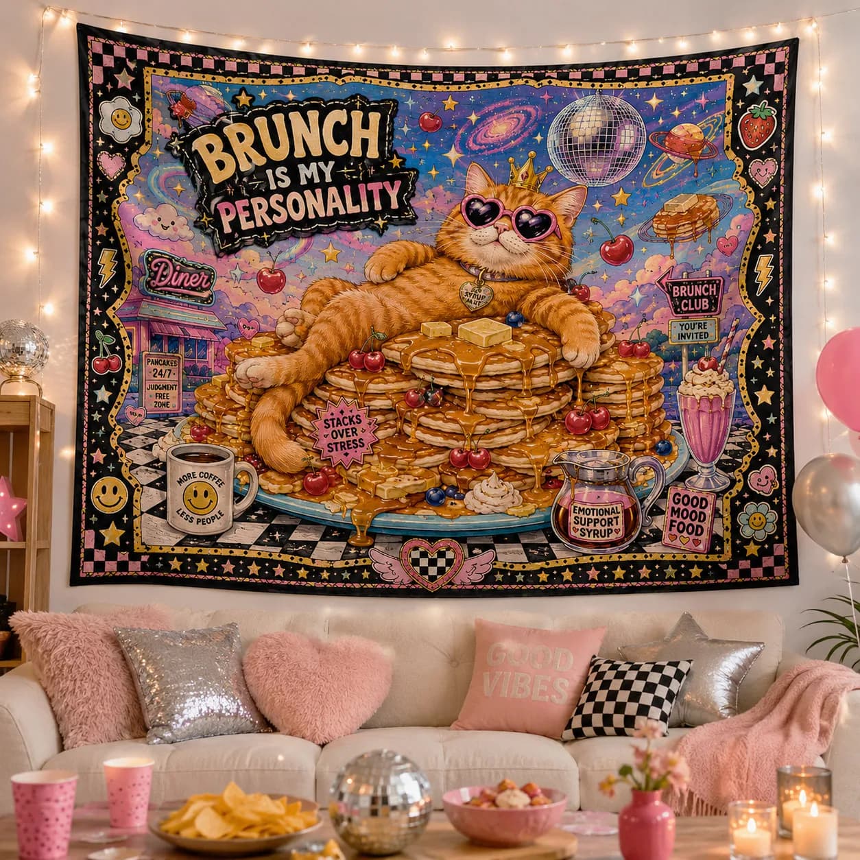Retro Orange Cat Tapestry Wall Art Cute Animal Disco Woven Blanket Brunch Landscape Room Decoration Aesthetic Photo Backdrop