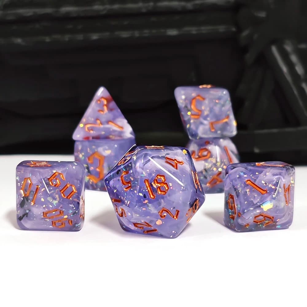 Set di Dadi in Resina Viola Glitterato con Scaglie di Ossidiana per Giochi da Tavolo, DND, RPG, MTG, Set di Dadi per Giochi di Ruolo, 7 Pezzi/Set, Dadi Digitali