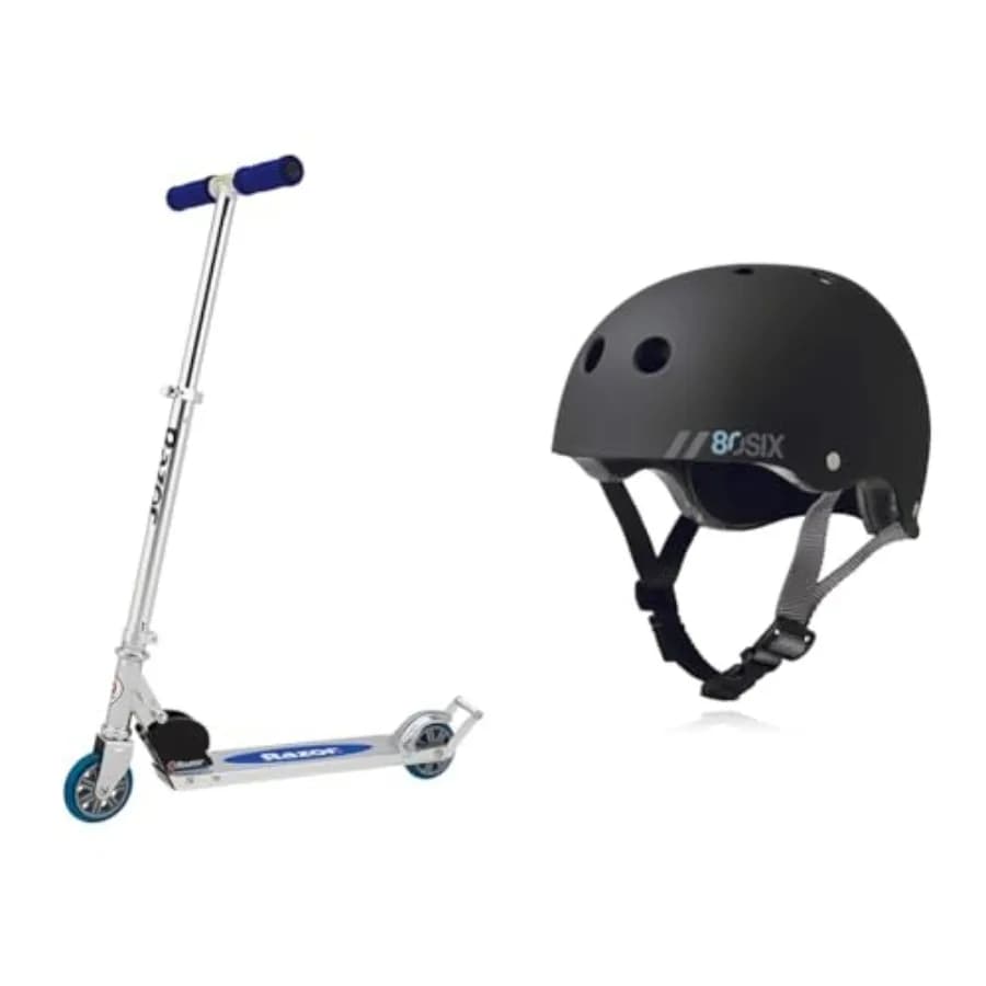 Monopattino AW Blu FFP in Acciaio con Set Blu Include Casco Certificato 80Six per Bici, Monopattino e Skateboard Nero Opaco Sm