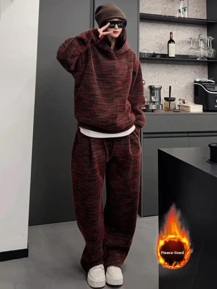 American Style Trendy Hoodie Sweatshirt Set for Men Winter Casual Loose Couple Style Fleece Lined Two Piece Set
