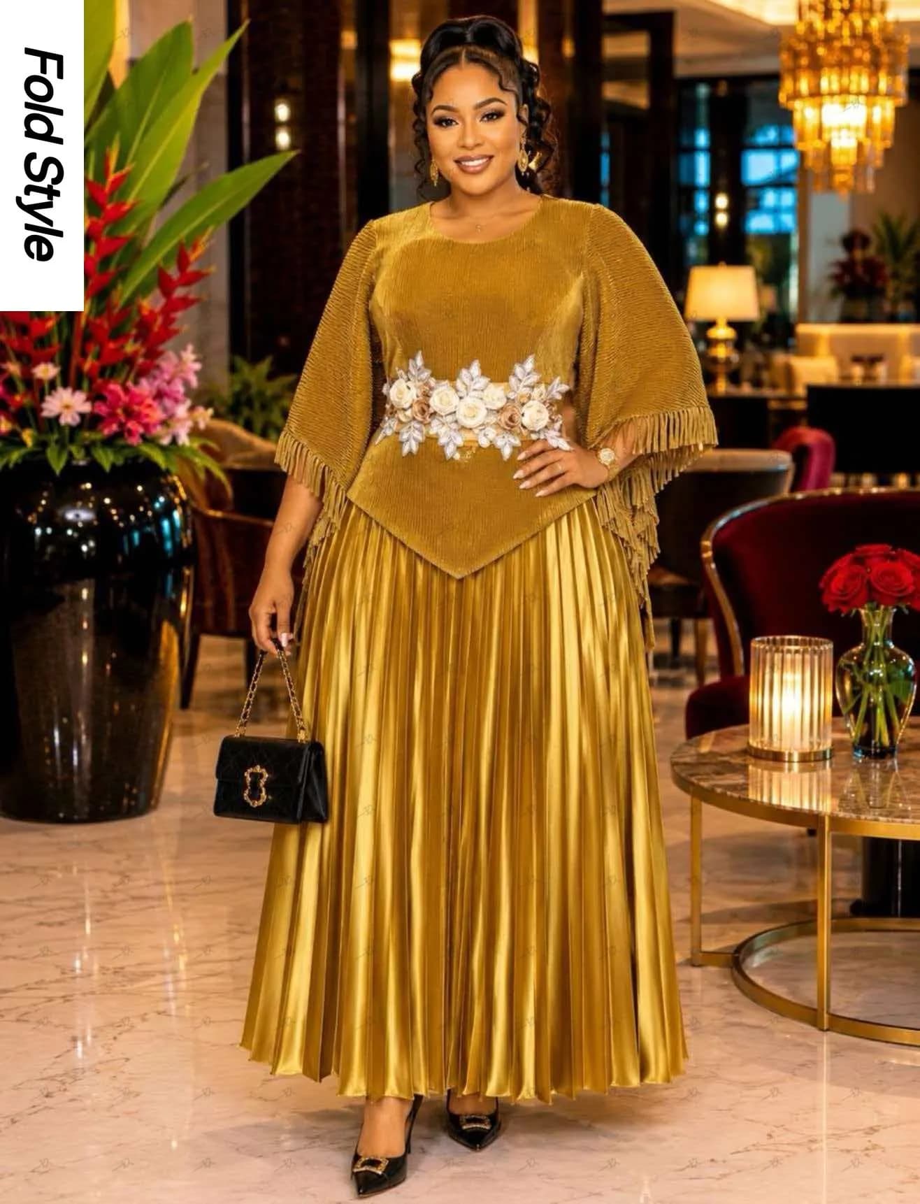 Miyake Loose Women's Clothing New V-neck Bronzing Bat Sleeve Top Pleated Pendulum Suit Long Dress