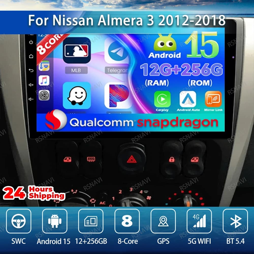 Autoradio Android 15 For Nissan Almera 3 2012-2018 Navigation Autoradio BT 5G WIFI View GPS 4G LTE DVD Multimedia Stereo