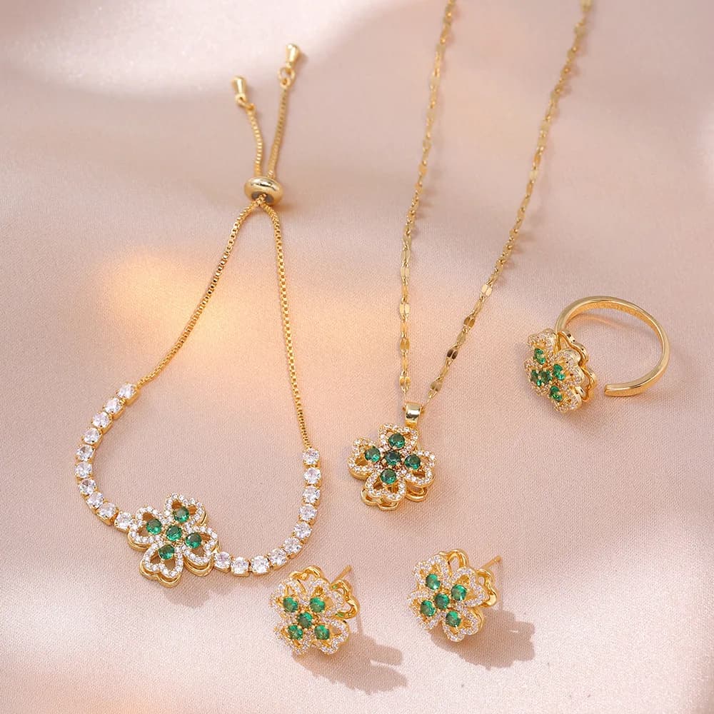 New Korea Zircon Four Leaf Heart Flower Pendant for Women Charm Stainless Steel Crystal Necklace Bracelet Ring Bride Jewelry Set