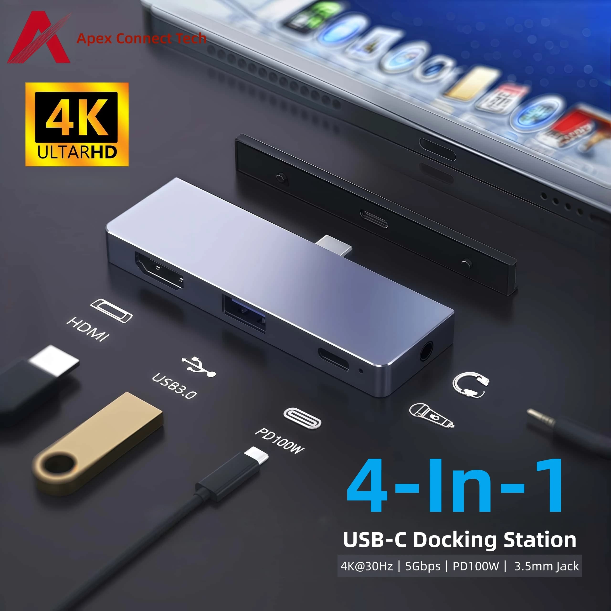 Hub USB 3.0 Powered 5 Gbps 4 in 1 PD100W USB C to 4K HDMI Audio Jack Type C Splitter Adapter Docking Station for MacBook iPad Pro