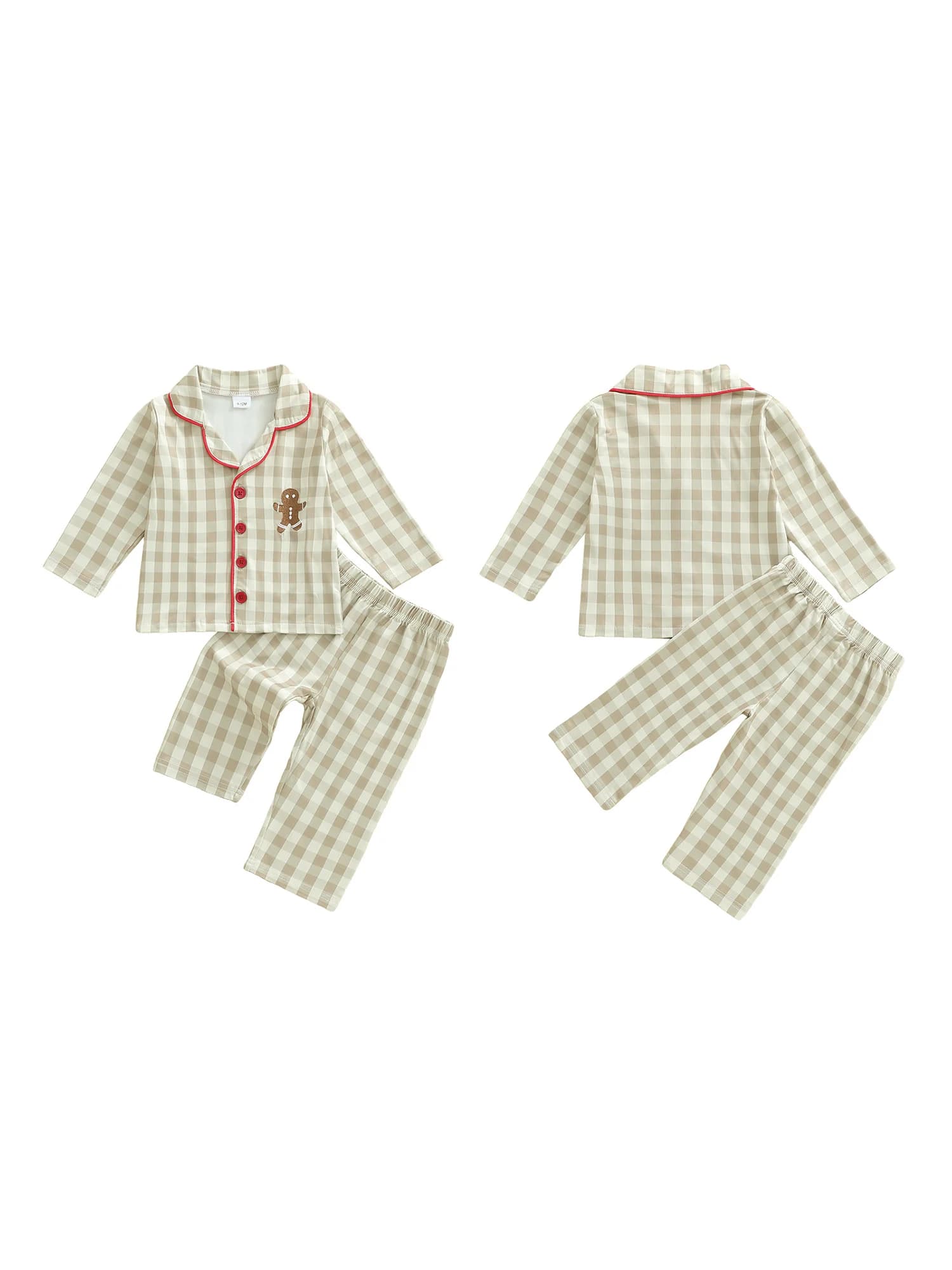 Newborn Scottish pyjamas with Christmas embroidery in gingerbread, lapel, V-neck, long sleeved top and trousers, 2 pieces