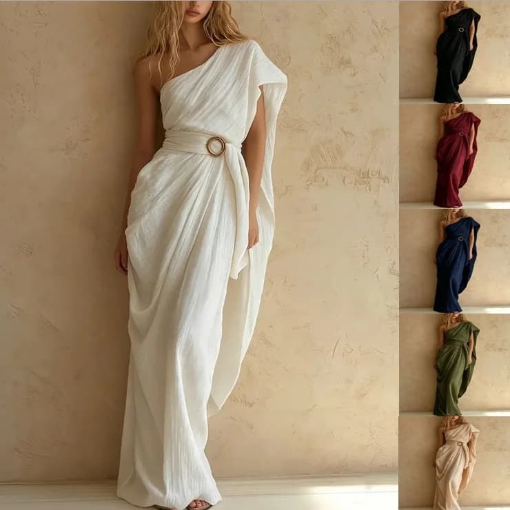Classical Cotton Linen Style off Shoulder Waist Belt Irregular Hem Dress Elegant Skimpy Fit for Various Occasions in Summer