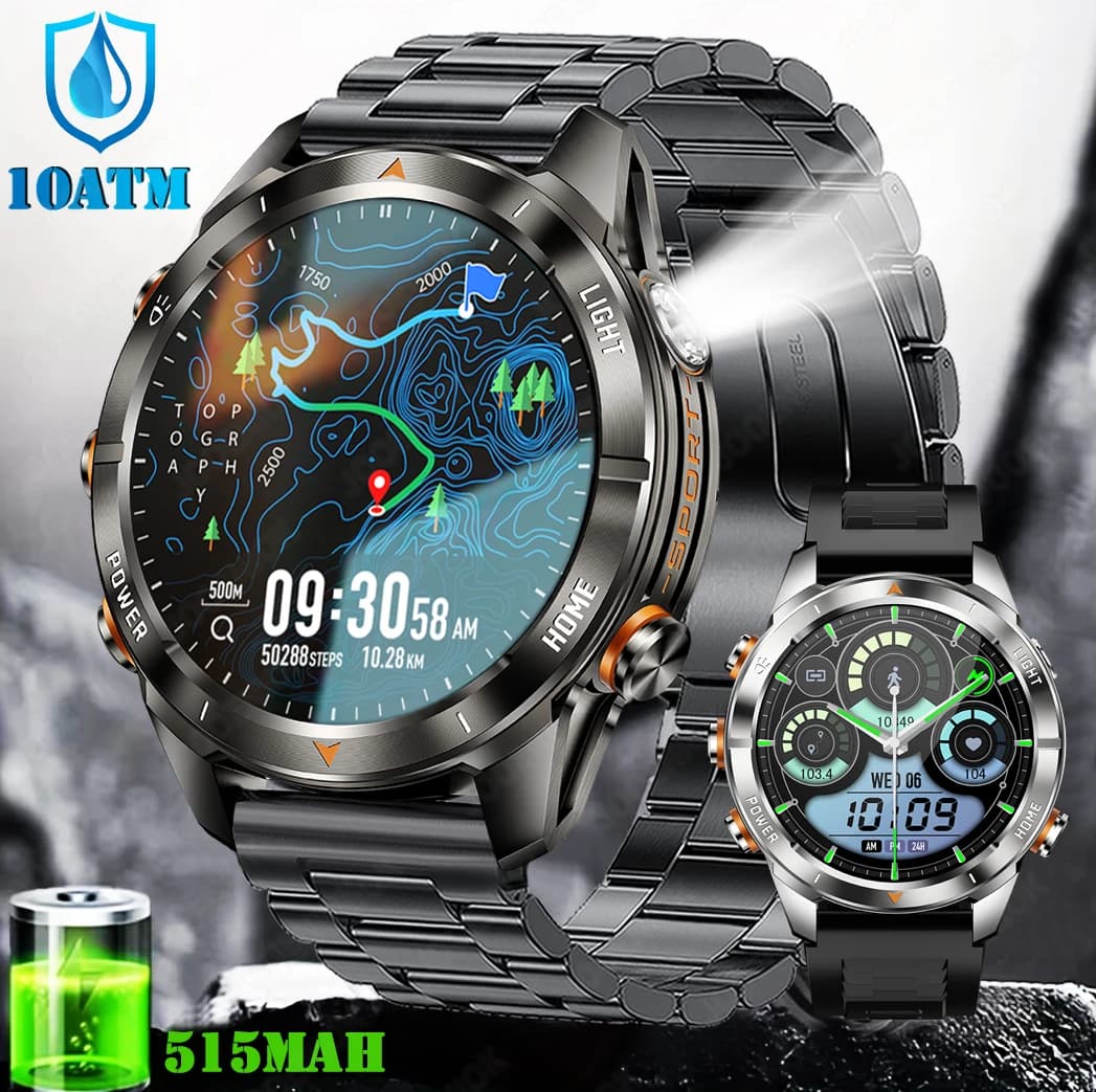 Orologio Intelligente Militare Robusto per Uomo con Torcia, Fitness Tracker, Chiamate Bluetooth, Impermeabile 10ATM, Smartwatch per Sport all'Aperto