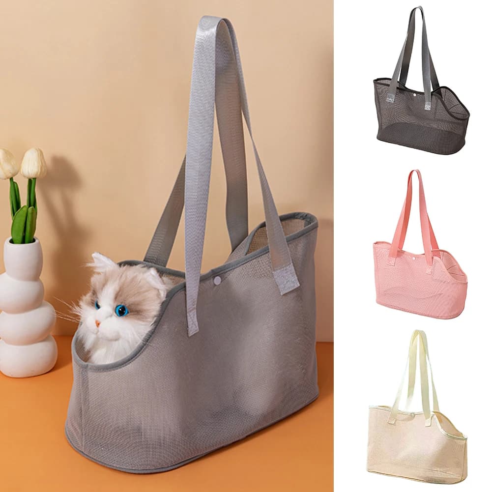 Breathable Mesh Cat Carrier Bag Large Capacity Pet Shoulder Bag Button Design Anti Theft Foldable Perfect For Hiking And Walking