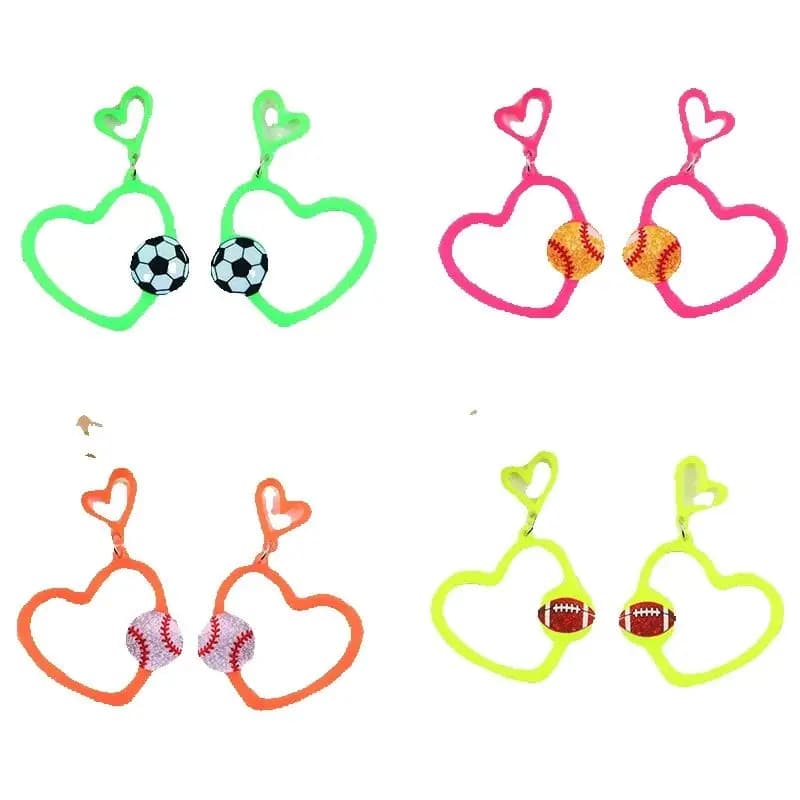 Orecchini stile sportivo di San Valentino Orecchini in acrilico con stampa fluorescente scavata a forma di cuore per basket, calcio, baseball