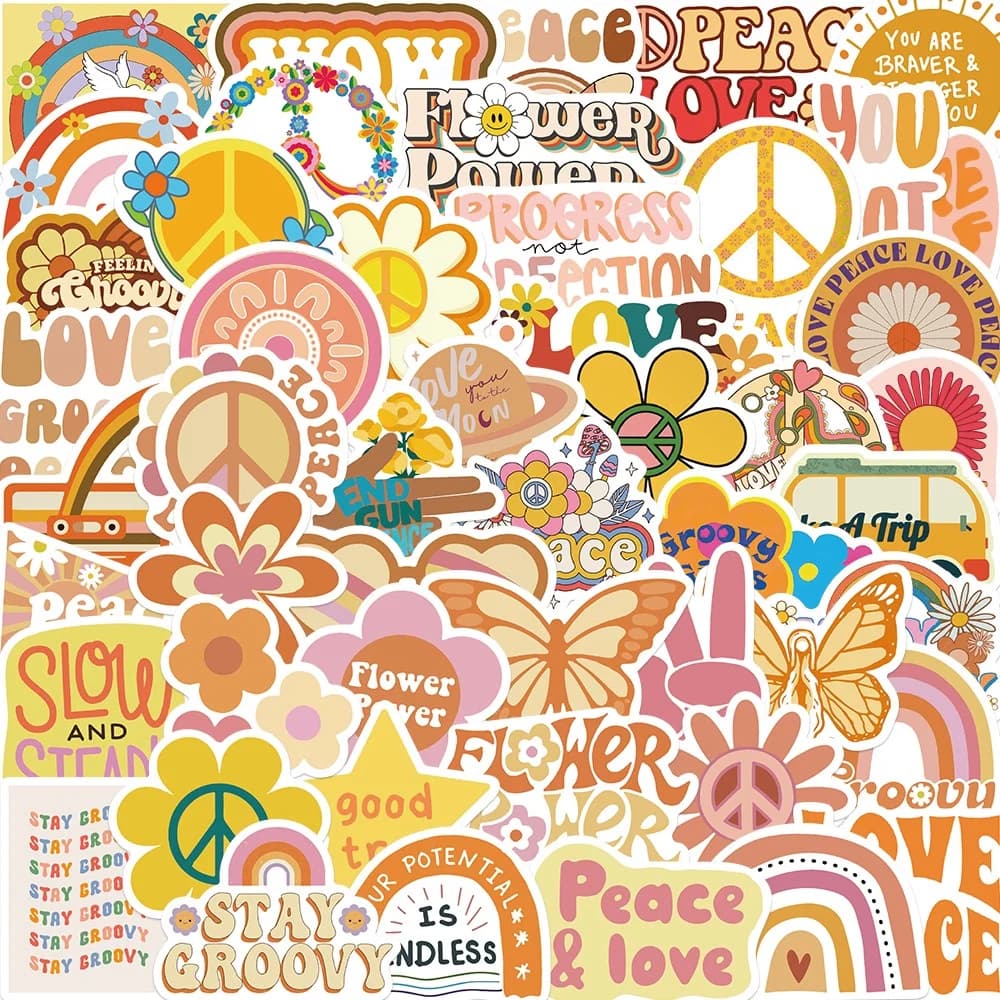 50 pezzi Groovy Boho Hippie adesivi graffiti impermeabili per bicicletta mano conto astuccio decalcomanie BulingBulingStickers Store