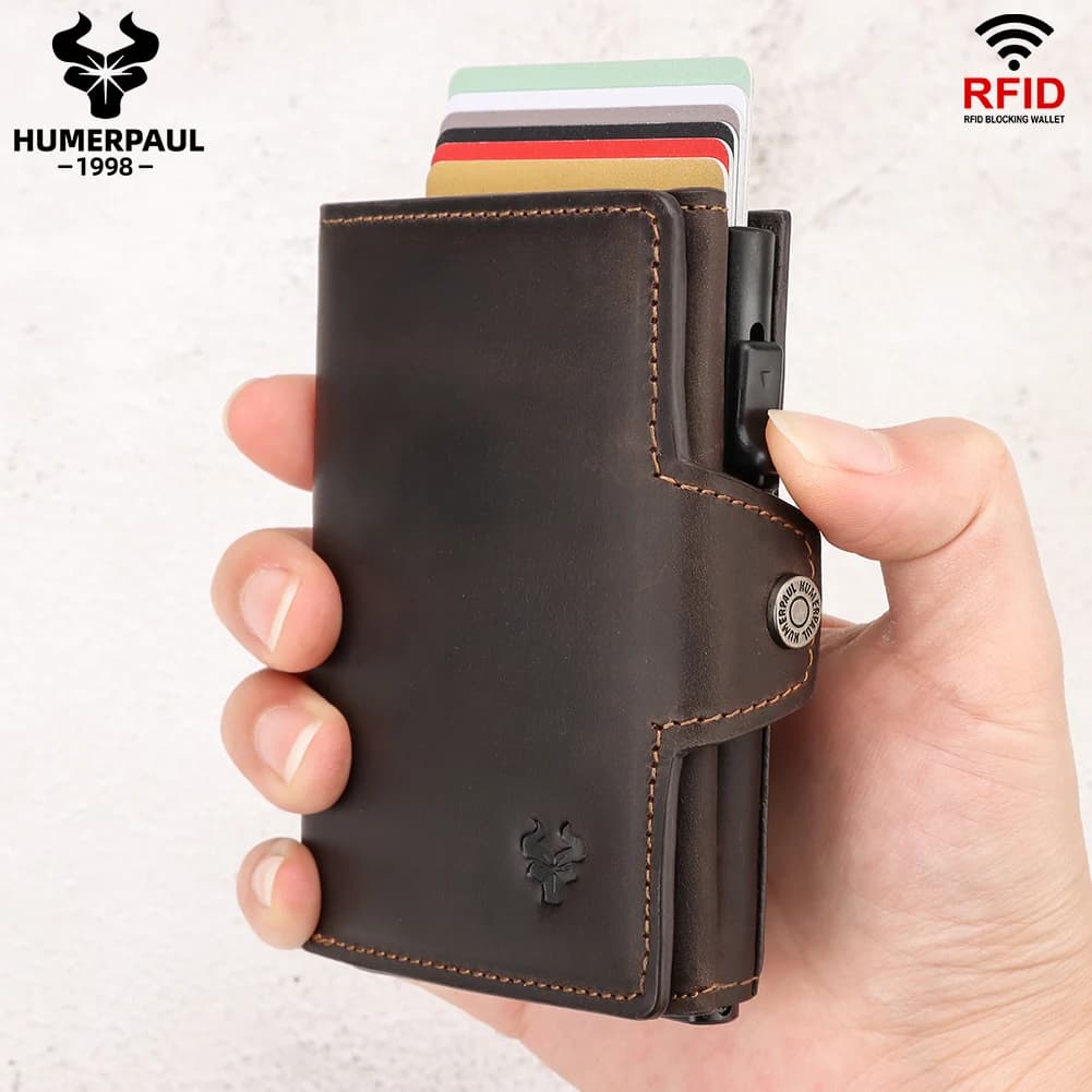 Porta carte HUMERPAUL Smart Pop Up per uomo Porta carte in vera pelle RFID Portamonete sottile da donna con cerniera con scomparto per appunti