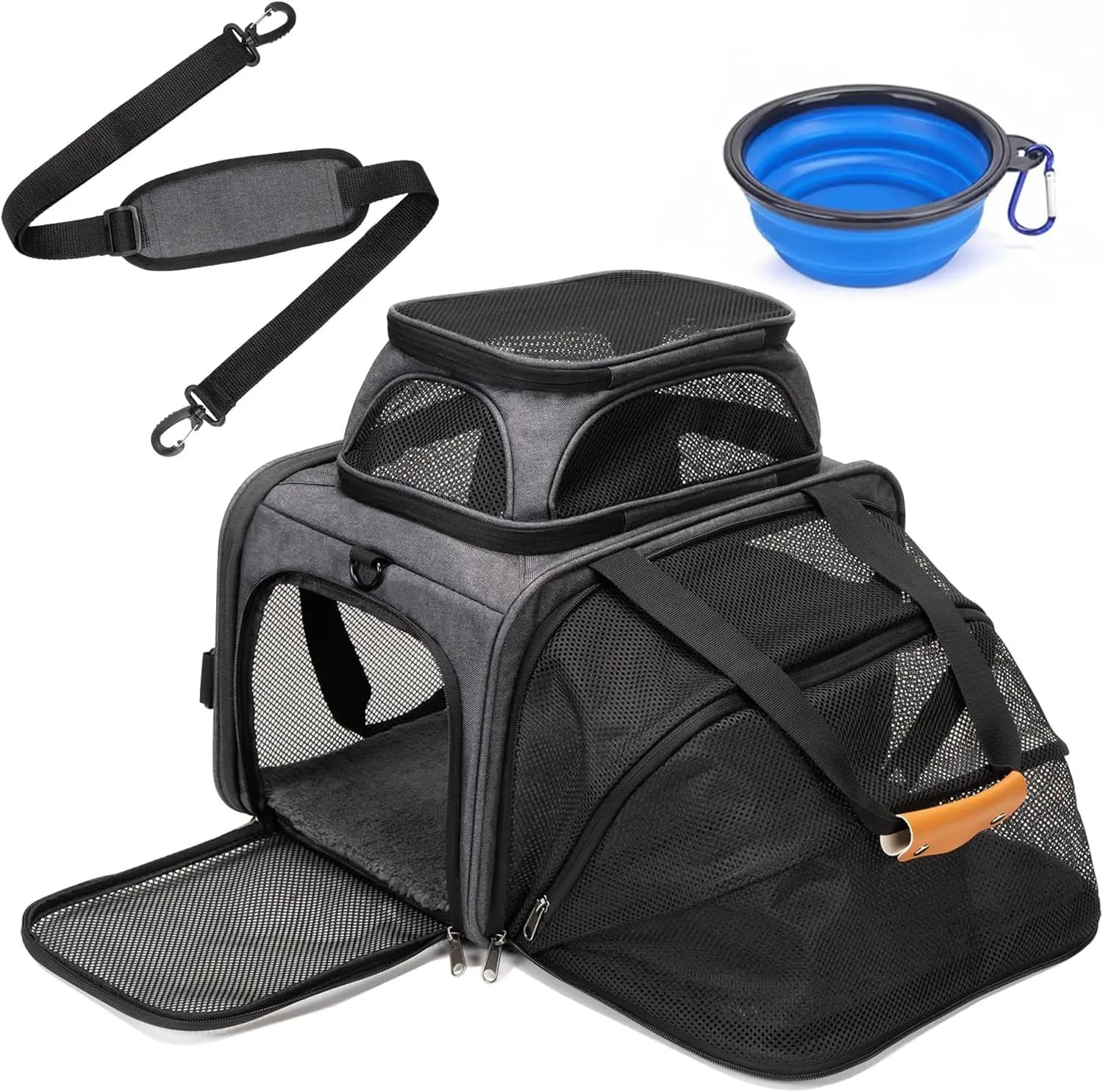 Borsa Trasportino Espandibile per Animali Domestici - Approvata dalle Compagnie Aeree, Rete Traspirante, Cerniere Sicure, Manico Imbottito e Tasche Multiple (Grigio Chiaro)
