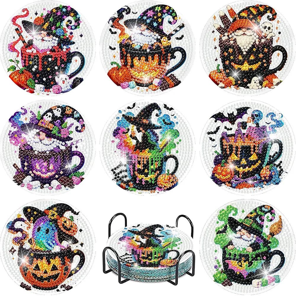 8 pezzi sottobicchieri per pittura diamante gnomo di Halloween 5D con supporto set di sottobicchieri per pittura a punti artistici fai da te per adulti principianti artigianali