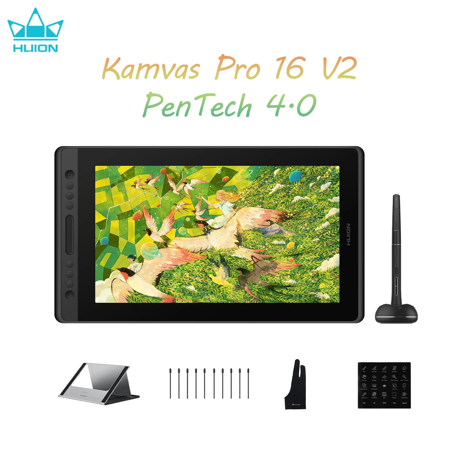 Huion Kamvas Pro 16 V2 Tavoletta grafica Display da 15,6 pollici PenTech 4.0 Stilo 16K Livelli di pressione, vetro inciso antiriflesso di seconda generazione