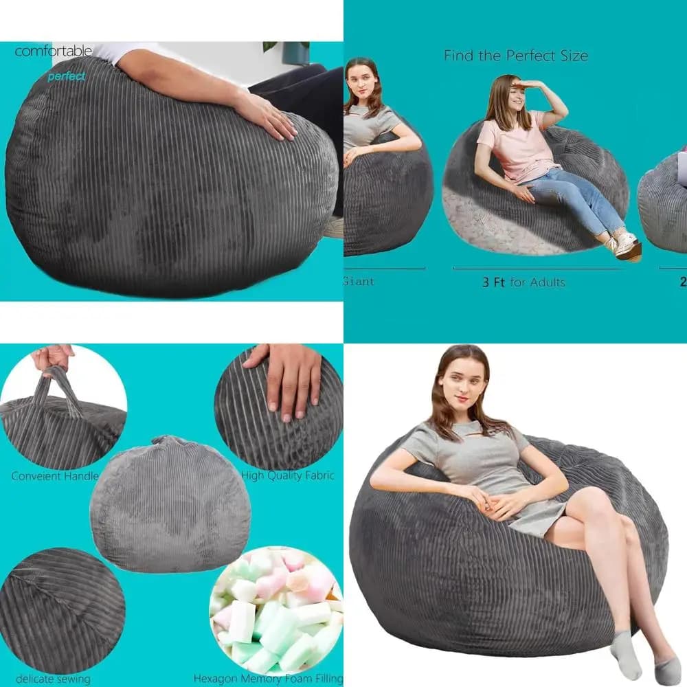 4 Foot Memory Foam Bag Chair, Synthetic Rabbit Fur Lining, Ultra Soft Sofa