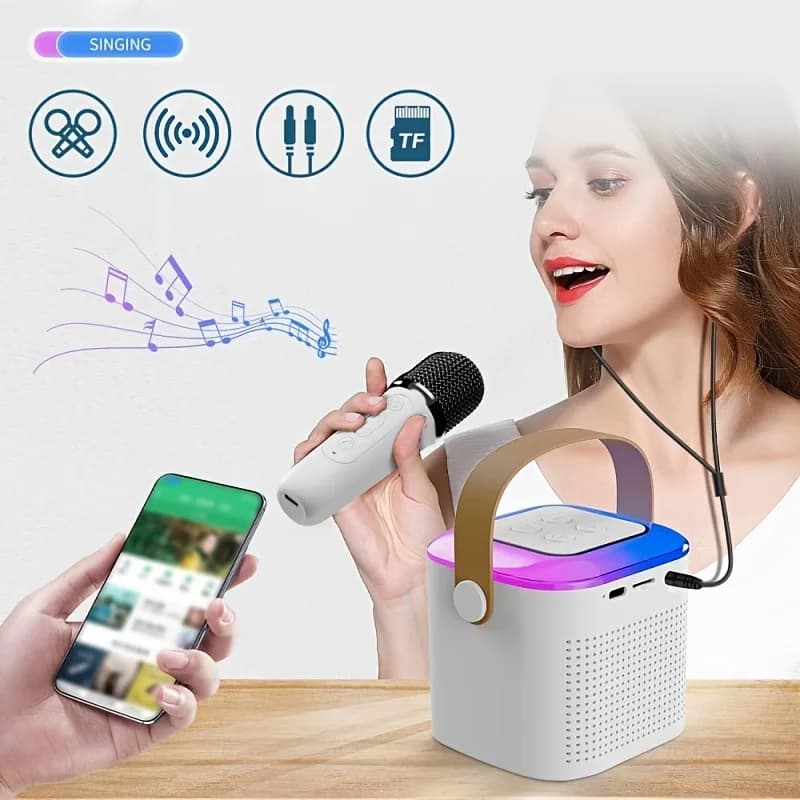 Mini Wireless Karaoke Speaker with Built-in 2 Wireless Microphones - Portable KTV Machine for Adult Family, Button Control, Charging Cable, 1200mAh Rechargeable Battery, for Christmas, Halloween Gift, Computers & Smart Devices, Car, Outdoor, Camping