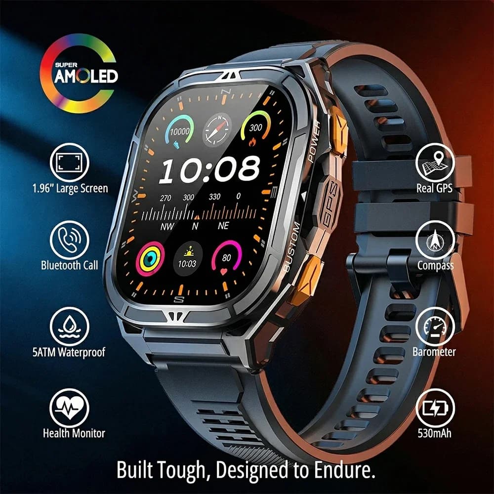 Smartwatch AMOLED di Lusso con GPS Reale, Impermeabile 5ATM, Fitness Tracker, Monitoraggio Salute e Sport per Uomo, Compatibile iOS e Android