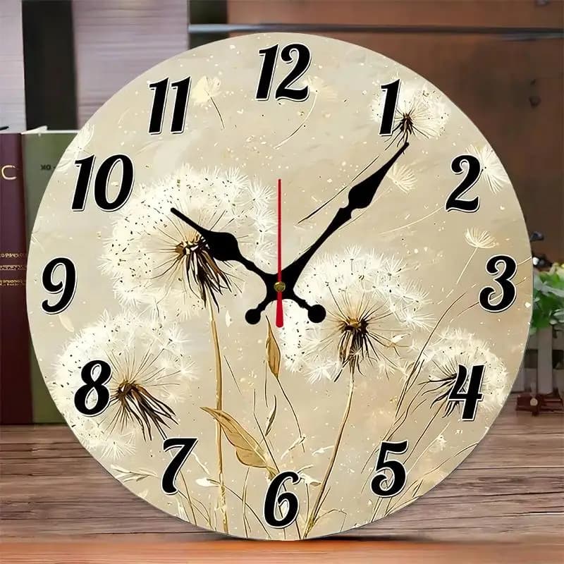 Orologio da Parete Silenzioso Rotondo in Legno con Dente di Leone Astratto 2D Fai-da-Te, Adatto per Soggiorno, Ufficio, Studio, Camera da Letto, Decorazione Casa