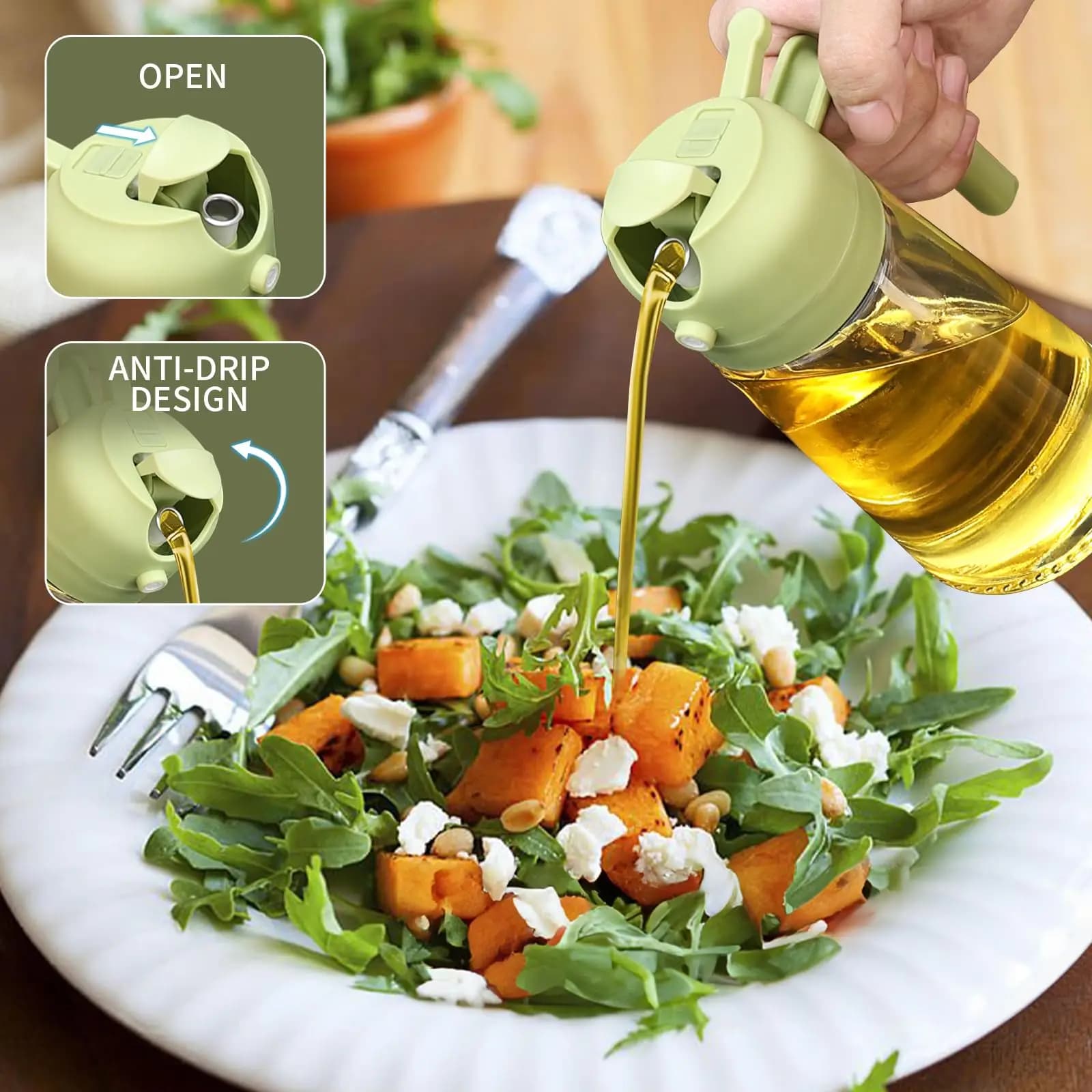 Dispenser e Spruzzatore per Olio d'Oliva in Vetro 2-in-1 di Grado Alimentare, Set da 3 Pezzi per Friggitrice ad Aria, Barbecue, Cottura al Forno, Grigliate e Cucina